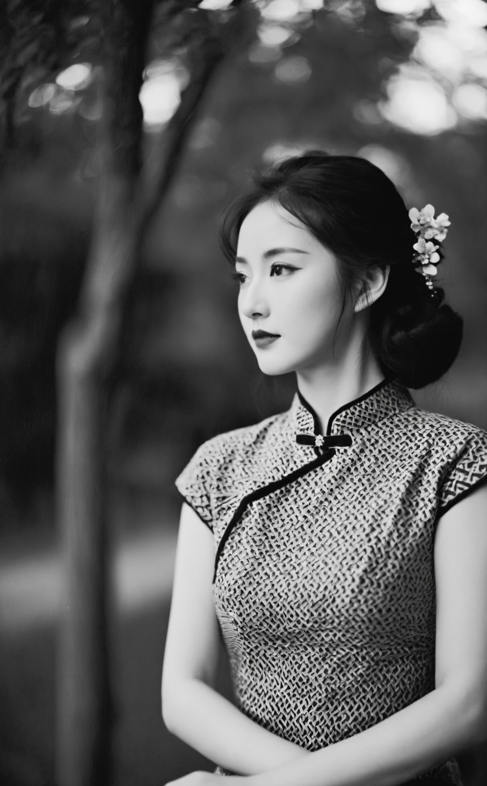 ((black and white old photo)),  
leogirl,  1 Chinese girl, qipao, retro 1950 style make up,  cowboy shot, 
professional so...